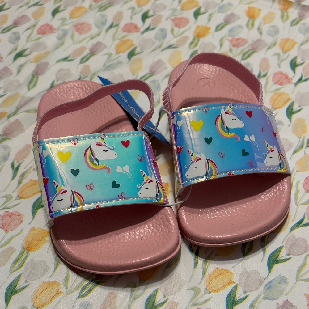 Target Pink Kids Unicorn Slide Sandals with Holographic Blue Strap
